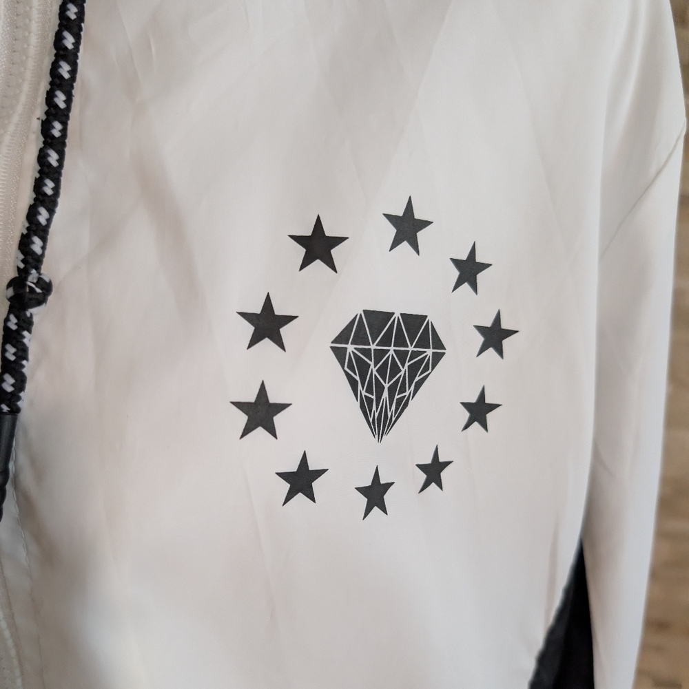 Streetwear Diamond Star Graphic Black White Hooded Windbreaker Jacket Sz S image 6